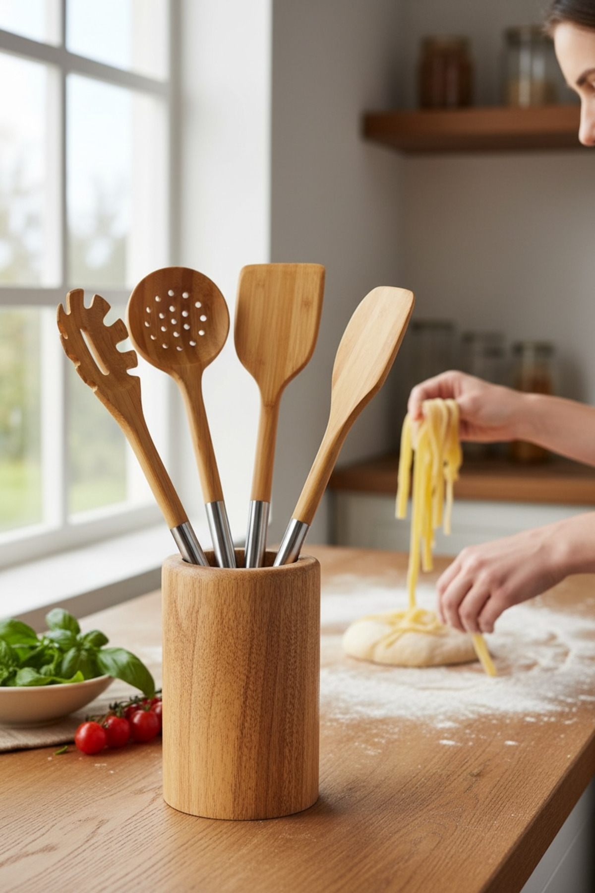 Metal Saplı Bambu 4’lü Mutfak Seti – Kevgir, Spatula, Yan Spatula ve Makarna Servis Kaşığı