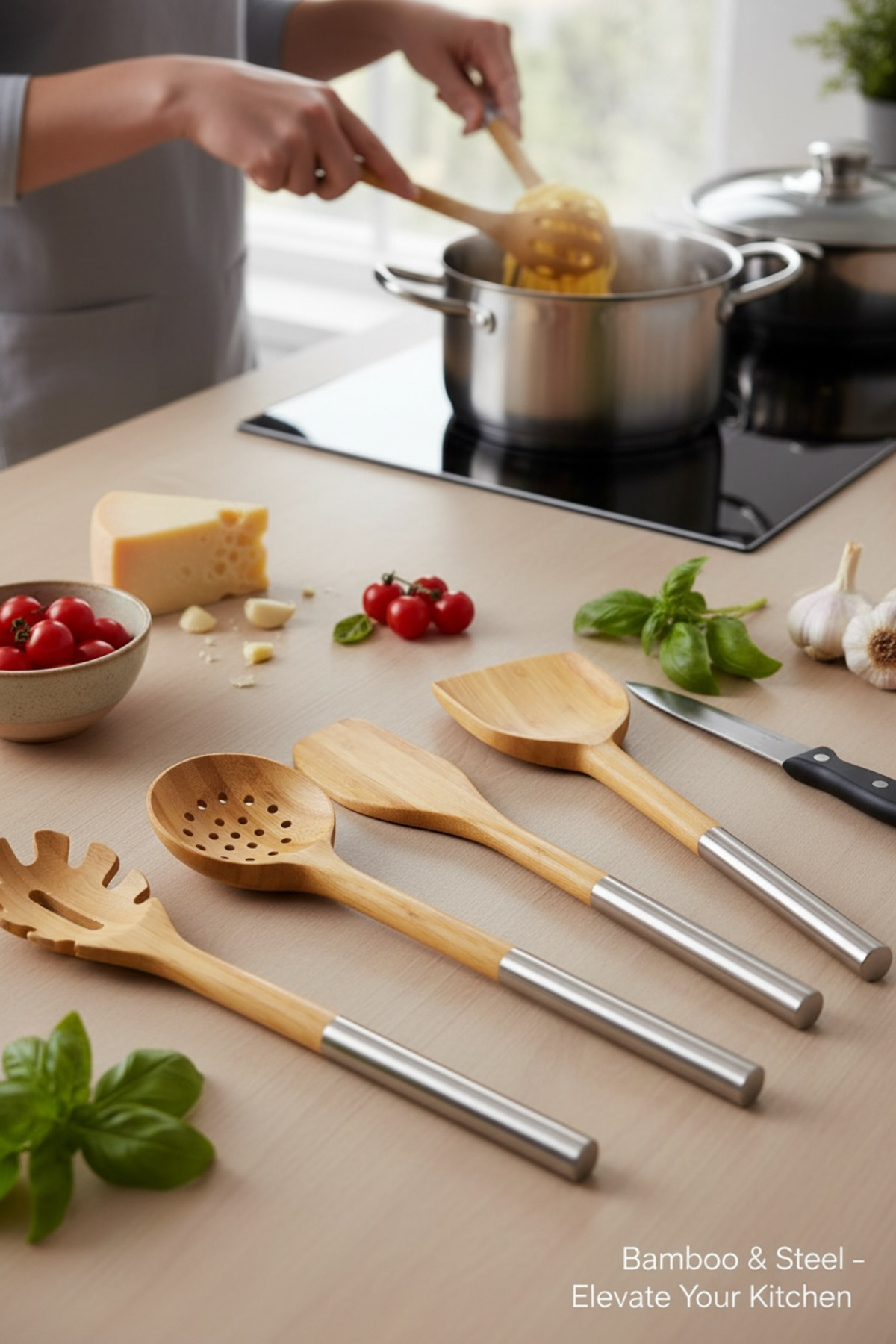 Metal Saplı Bambu 4’lü Mutfak Seti – Kevgir, Spatula, Yan Spatula ve Makarna Servis Kaşığı