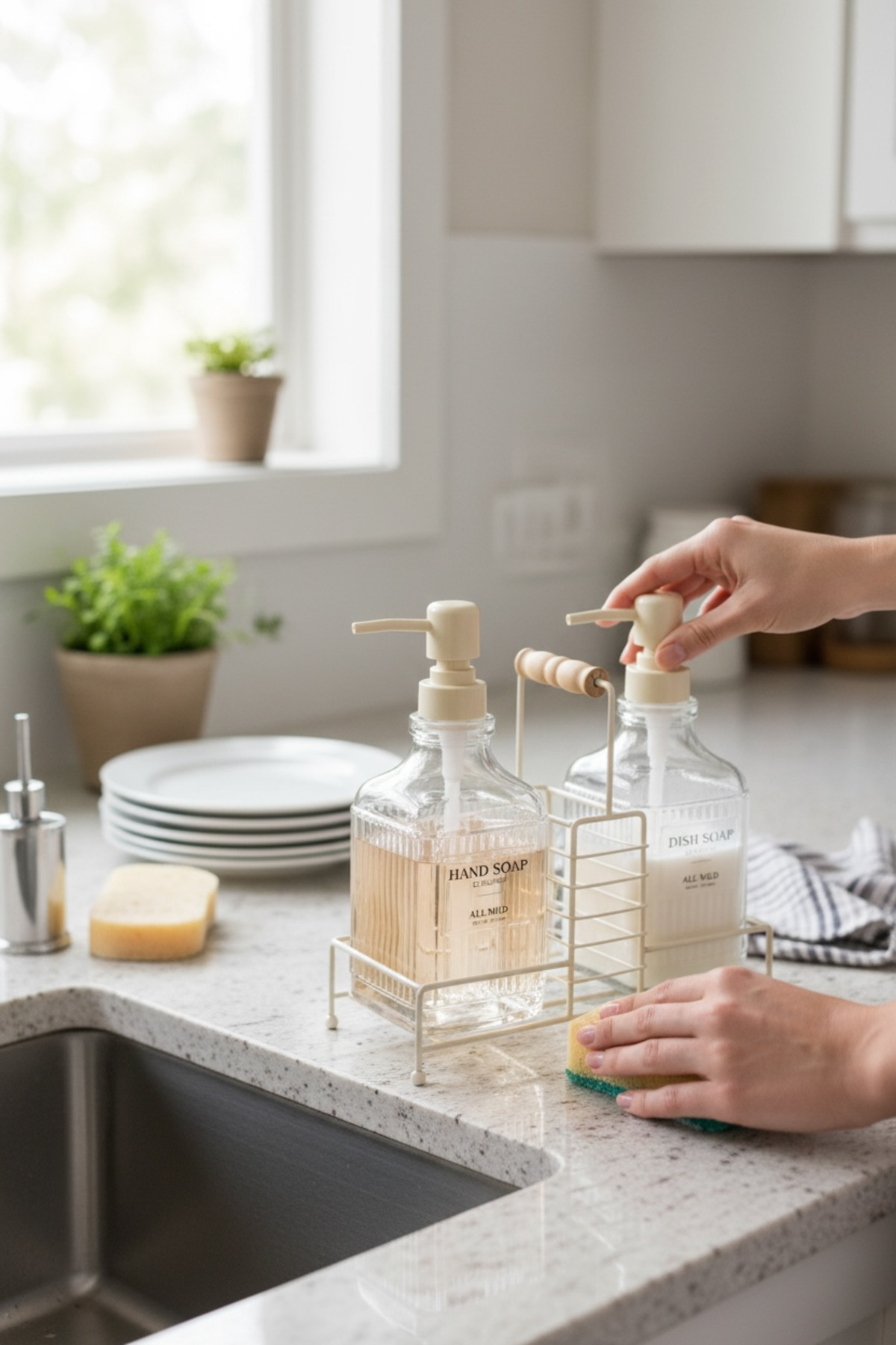 Fılo Metal Standlı 2’li Sıvı Sabunluk Seti –500 ml Banyo ve Mutfak Dispenseri