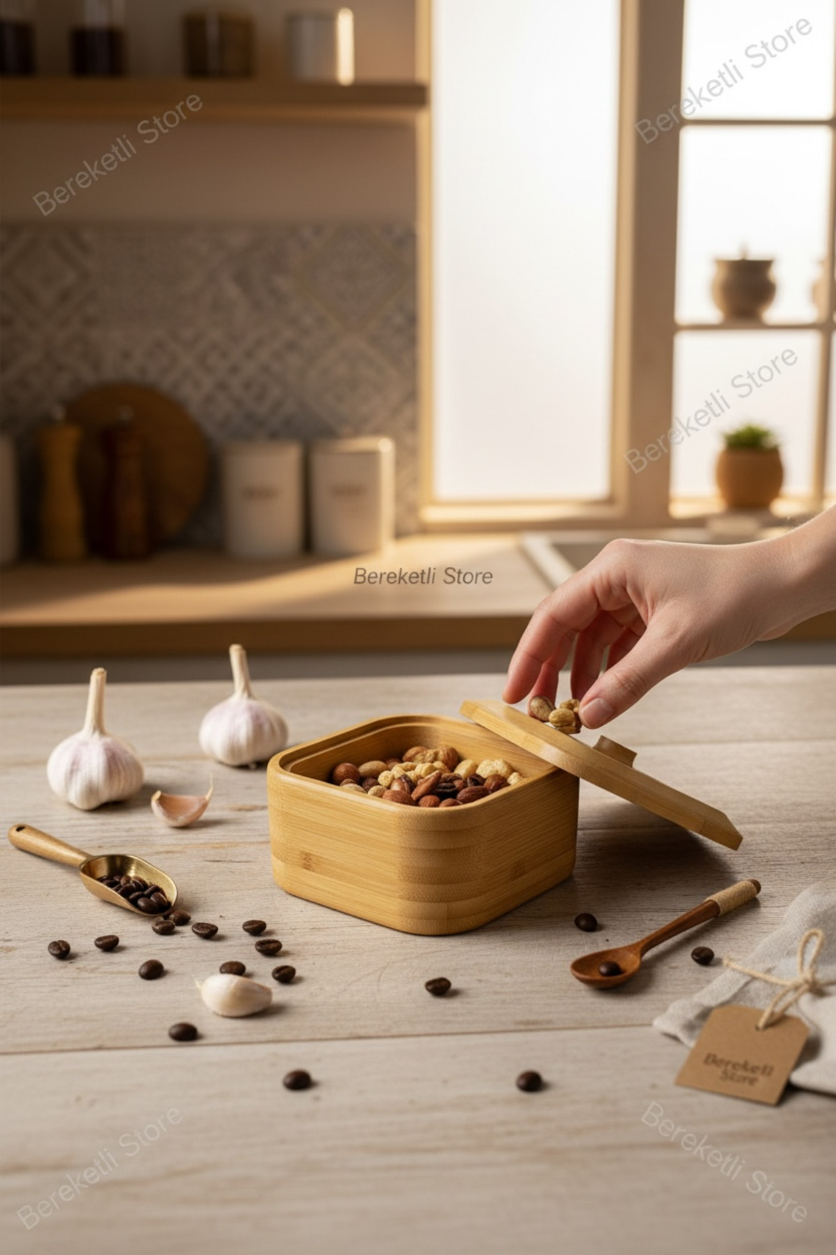 Kapaklı Kare Bambu Tuzluk ve Baharat Saklama Kabı 10 X 10
